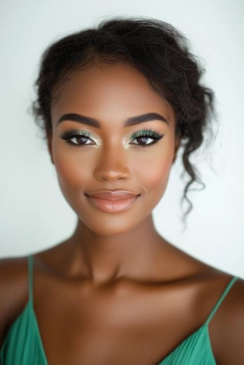 16 Stunning Eyeshadow Looks for a Green Dress Eye Shadow For Green Dress, Subtle Green Eye Makeup, Green And Orange Dress, Perfect Eyeshadow, Aso Ebi Dresses, Green Eye Makeup, Eyeshadow For Green Eyes, Green Smokey Eye, Beautiful Eyeshadow