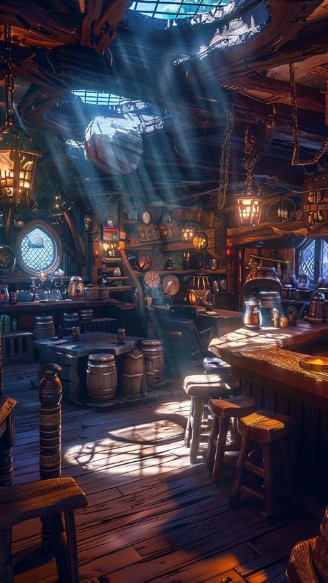 Pirate Tavern Aesthetic, Steampunk Landscape, Fantasy Pub, Medieval Pub, Tavern Room, Fantasy Interior, Temple Knights, Witches Cottage, Fantasy Shop