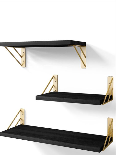 BAYKA Wall Shelves for Bedroom Decor, Floating Wall Shelves for Living Room Kitchen Storage, Wall Mounted Rustic Wood Floating Shelves for Kids Books, Small Shelf for Bathroom(Black and gold，Set of 3) Black And Gold Shelves, Gold Floating Shelves Bathroom, Black Wood And Gold Living Room, Bathroom Shelves Black, Black And Gold Beauty Room, Gold And Black Room Ideas, Salon Shelf Ideas, Bathroom Racks Ideas Shelves, Black Shelves Bedroom