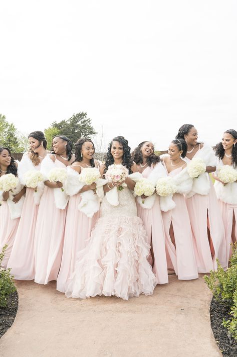 Pink Winter Bridesmaid Dresses, Blush Pink Winter Wedding, Bridesmaid Dress With Fur Shawl, Pink Winter Wedding Theme, Light Pink Winter Wedding, Winter Bridesmaid Dresses With Fur, Bridesmaid With Fur Shawl, Pink Winter Wedding, Pink Bride White Bridesmaids