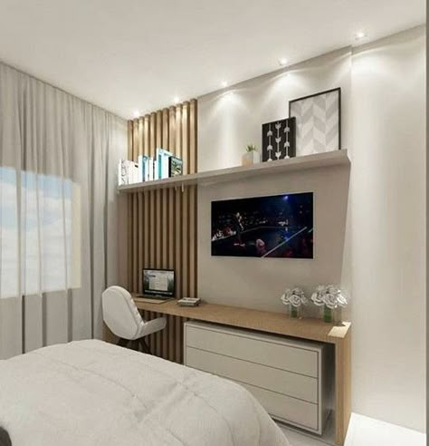 Desk With Tv Above It Bedroom, Tv Above Desk Bedroom, Tv Ideas Bedroom, Tv Over Desk, Small Bedroom Tv Ideas, Bedroom With Tv Ideas, Small Bedroom Tv, Simple Study Room, Apartemen Studio