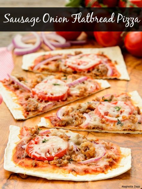 Sausage Onion Flatbread Pizza is easy to make and makes a great light meal or appetizer. Sausage French Bread Pizza, Stovetop Dinners, Sausage And Mushroom Pizza, Sausage Carmelized Onion Pizza, Sausage Flatbread, Onion Flatbread, Fennel Sausage Pizza, Flatbread Toppings, Tart Recipes Savory