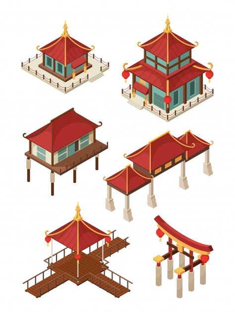 Arquitetura asiática isométrica. o chinê... | Premium Vector #Freepik #vector #quadro #casa #construcao #desenho-animado Samurai Architecture, China Architecture Traditional, Japanese Architecture Drawings, Architecture Isometric, Chinese Architecture Traditional, Traditional Chinese Architecture, Traditional Chinese House, Chinese Buildings, Architecture Drawing Presentation