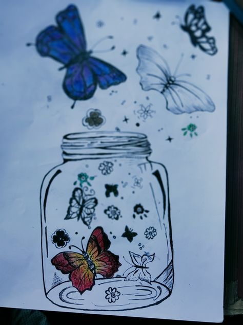 Butterflies fly away.. Scenery Pencil Sketch, Butterfly In A Jar, Butterfly Scenery, Jar Drawing, Glowing Butterflies, Fly Drawing, Easy Butterfly, Butterfly Art Drawing, Glass Painting Patterns