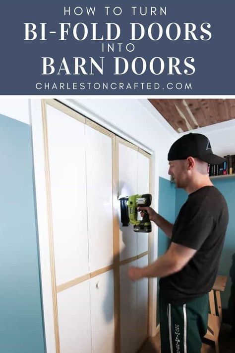 DIY Bi-fold Barn Doors Bifold Closet Barn Doors, Updating Bifold Closet Doors, Bi Fold Barn Doors, Fancy Vanity, Barn Doors Diy, Rooms Makeover, Bifold Doors Makeover, Diy Closet Doors, Nursery Makeover