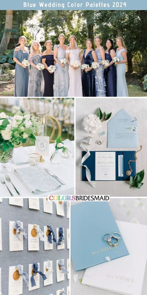 Shades of blue wedding color palettes inspirations for 2024: mismatched blue bridesmaid dresses, white table cloth, light blue patterned napkins, light blue table numbers, dusty blue candles, navy blue and light blue invitations, escort cards in different shades of blue, vows notebook in white and lake blue. #weddingcolors #weddingideas #blueweddings #2024weddings #colsbm #2024 #bridesmaiddresses #shadesofblue Light Blue Invitations, Vows Notebook, Mismatched Blue Bridesmaid Dresses, Tiffany Blue Bridesmaids, Shades Of Blue Wedding, Tiffany Blue Bridesmaid Dresses, Light Blue Wedding Colors, Mismatched Bridesmaid Dresses Blue, Ice Blue Bridesmaid Dress