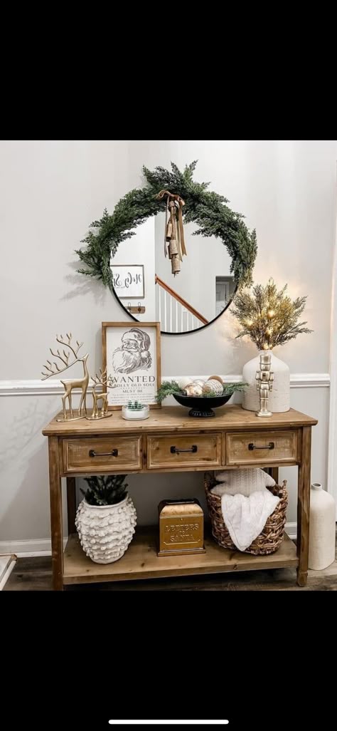 Small Entryway Table Christmas Decor, Holiday Entry Table Decor, Entry Way Christmas Decor Ideas, Christmas Decor Entry Table, Christmas Entryway Decor Front Entry, Entry Table Christmas Decor, Entry Table Christmas Decor Ideas, Christmas Entry Table, Christmas Console Table Decor