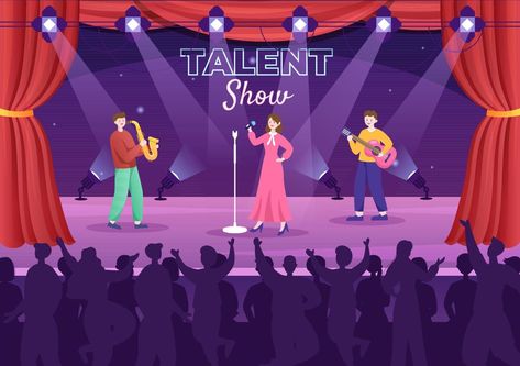 Talent Show with Contestants Displaying their Skill on Stage or Podium in Front of Judges Judging them in Cartoon Illustration Moonwalk Dance, Kids Got Talent, African American Musicians, Rock Music Festival, Woman Singing, Shadow Silhouette, Dance Stage, Music Festival Poster, People Having Fun