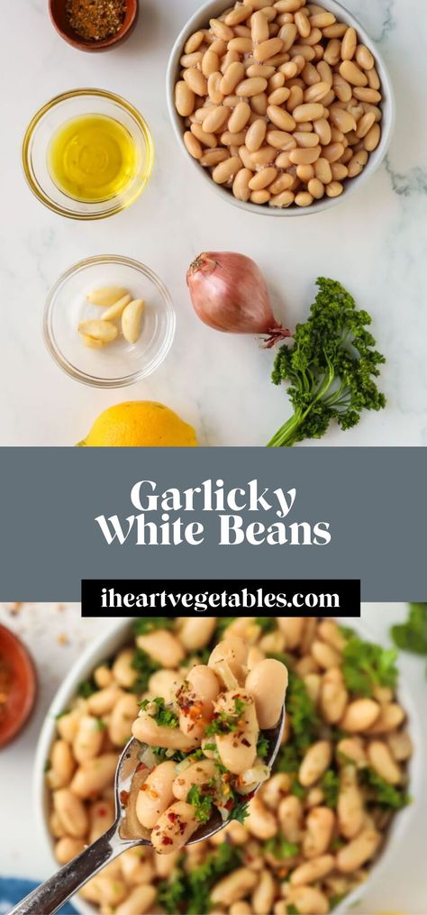 These garlicky white beans are a quick and delicious side dish, packed with protein and fiber! Made with creamy cannellini beans, plenty of garlic, and spicy crushed red pepper flakes, this recipe brings out the best flavors of these simple ingredients! White Bean Chili Vegetarian, Buffalo Chicken Pizza Recipe, Warm Kale Salad, Yummy Lunch Recipes, Spicy Soup, Pasta Dinners, White Bean Soup, Best Side Dishes, Cannellini Beans