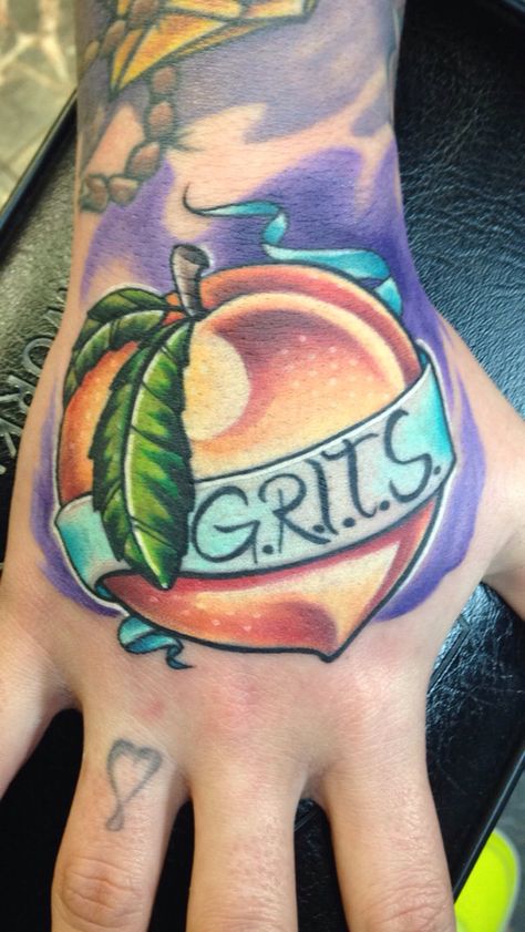 Hand tattoo. Georgia peach. Girls Raised In The South Peach Tattoos, Peach Tattoo, Hand Tattoo, Ink Ideas, Tattoo Inspo, Hand Tattoos, The South, Georgia, Tattoos