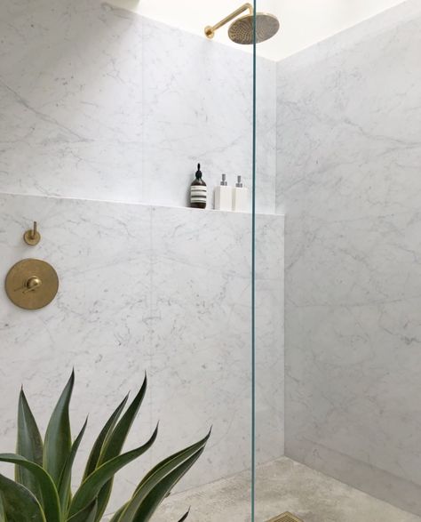 love the idea of a ledge instead of a standard shower niche design @kaylen.flugel.design. #Regram via @watermarkbrooklyn Shower Niche Design, Shower Ledge, Master Shower Tile, Glass Shower Wall, New House Bathroom, Watermark Design, Master Shower, Shower Niche, Master Bath Remodel