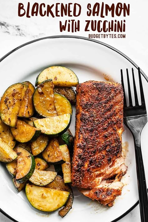 Blackened salmon coated in Cajun spices, cooked to perfection in butter, and paired with simple sautéed zucchini makes a simple but delicious dinner! Budgetbytes.com Salmon With Zucchini, Salmon And Zucchini, Salmon Zucchini, Easy Skillet Dinner, Homemade Cajun Seasoning, Blackened Salmon, Soy Free Recipes, Budget Bytes, Salmon Seasoning