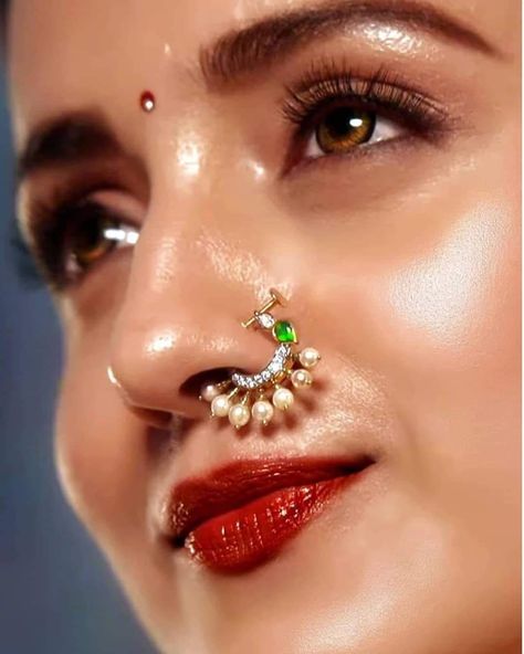 Nose Pin For Wedding, Nose Pin For Bride, Nose Pins For Bride, Marathi Nose Pin, Marathi Nose Ring Design, Noise Pin Design Gold, Gold Nose Rings Bridal, Mukkera Designs Gold, Bridal Nose Ring Indian