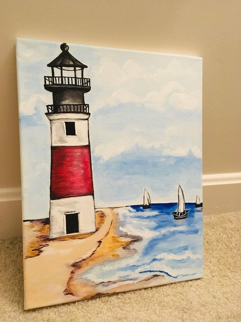 Light Houses Painting, Light House Paintings, Lighthouse Canvas Painting, Painting Ideas Lighthouse, Easy Lighthouse Painting For Beginners, Lighthouse Easy Painting, Light House Paintings Easy, Easy Light House Painting, Abstract Lighthouse Paintings