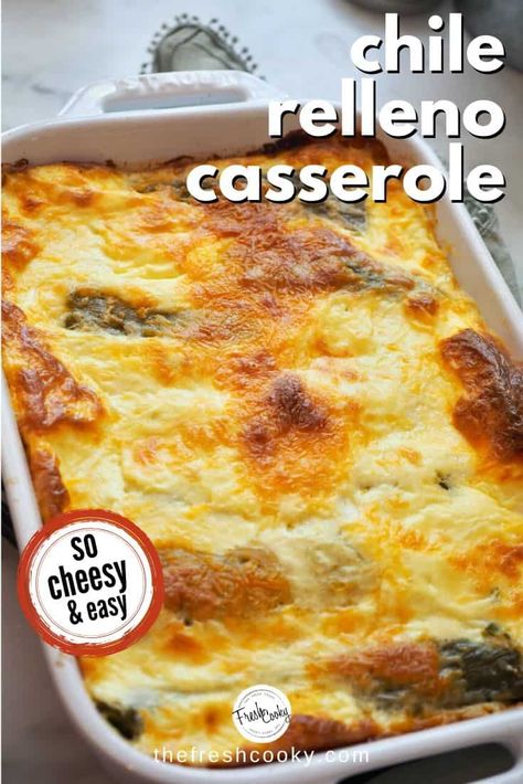 Easy Chile Relleno Casserole is a delicious vegetarian dish made with Monterey Jack cheese stuffed whole roasted Hatch green chiles, topped with an egg, milk batter, topped with more cheese, then baked into fluffy perfection. Easily adapted to be gluten free. Great for breakfast, brunch or dinner! Recipe via @thefreshcooky | #meatless #lowcarb #best #mexicanrecipes via @thefreshcooky Chile Rellenos Cornbread, Chili Relleno Casserole Easy, Chile Rellano Casserole, Chilli Relleno, Chili Rellanos, Chile Relleno Casserole Recipe, Easy Chile, Chili Relleno Casserole, Relleno Casserole