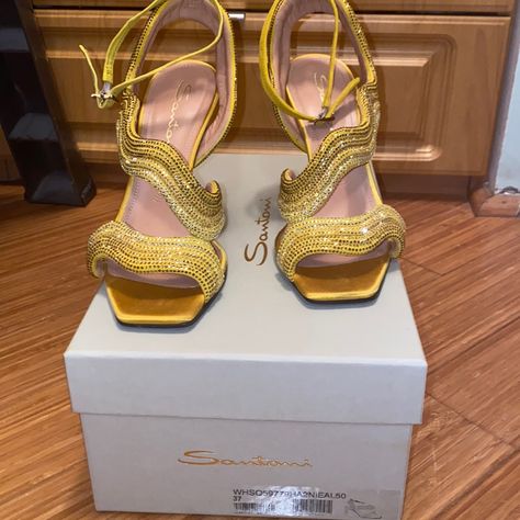 Santoni Made In Italy Gorgeous Yellow Silk High Heel Sandals With Yellow And White Top-Of-The-Line Crystals Extremely Softly Worn Practically Brand New Includes Box And Duster Bags Size 7. Yellow Shoes Heels, Long Heels, Heel Collection, Santoni Shoes, Black Lace Up Heels, Dr Shoes, Pretty Shoes Sneakers, Yellow Heels, Yellow Silk