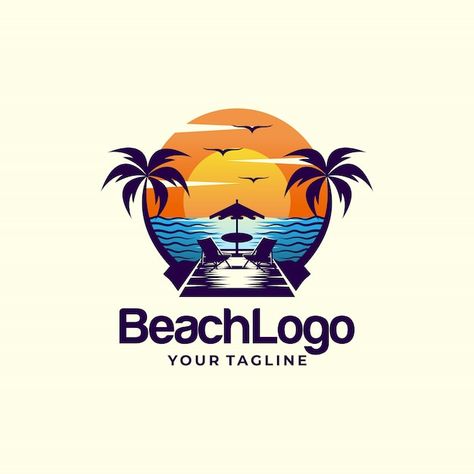 Beach logo design vector template Premiu... | Premium Vector #Freepik #vector #seashore #coast #shore #seascape Beach Logo Design, Resort Logo Design, Sea Logo, Sunset Logo, Beach Logo, Resort Logo, Anchor Logo, Leaf Silhouette, Hotel Logo