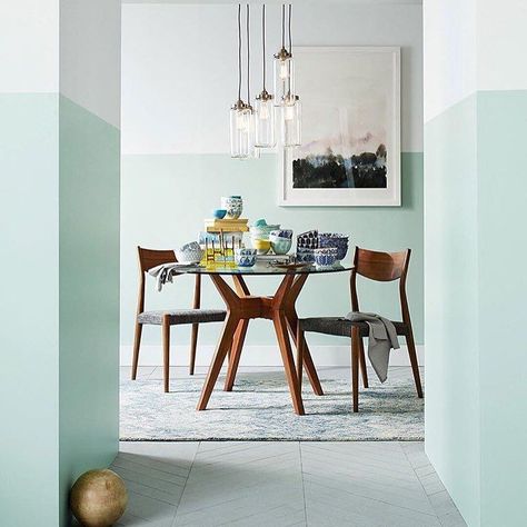 Dining room with half painted walls: pale mint green and white Half Painted Walls, Two Tone Walls, Wall Trends, Living Room Green, West Elm, Room Colors, Wall Paint, Green Living, 인테리어 디자인