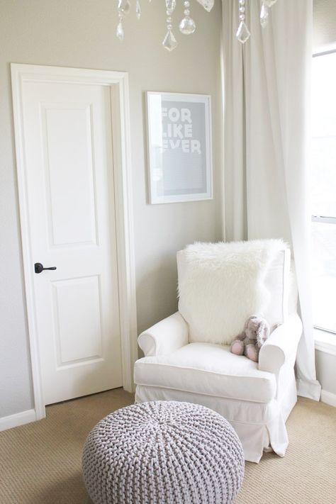 Fawn Over Baby: A Minted Glam Nursery Design From Veronika's Blushing Baby Fawn Benjamin Moore, Glam Nursery, Nursery Curtains, White Chair, Home Goods Decor, Nursery Inspiration, Nursery Design, Nursery Neutral, Bedroom Carpet