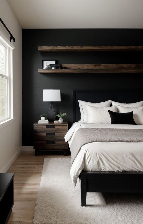 Black And Grey Bedroom, Black Walls Bedroom, Mens Bedroom Decor, Mens Bedroom, Black Bedroom, Bilik Tidur, Gray Bedroom, Hem Design, Room Makeover Bedroom