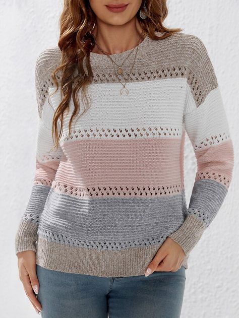 Pointelle Knit, Women Sweaters, Long Sleeve Knit Sweaters, Sweater Crochet Pattern, Plus Size Kleidung, Casual Stripes, Knitting Women Sweater, Sweater Pattern, Rose Color