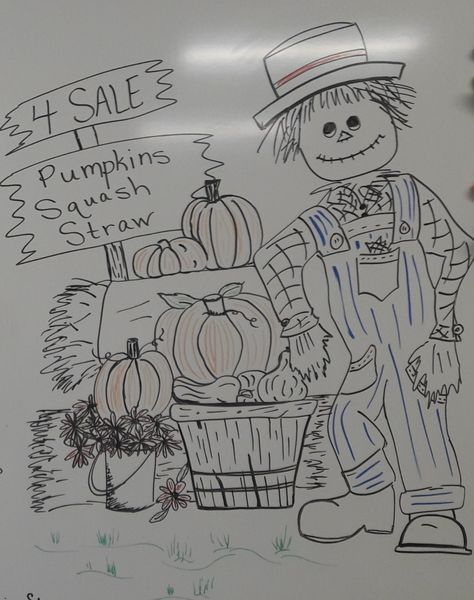 Fall/Harvest Whiteboard Art White Board Ideas Drawings Fall, Autumn White Board Art, Board Drawings Whiteboard, White Board Halloween Drawings, Fall Whiteboard Ideas, September White Board Ideas, Halloween White Board Ideas, White Board Drawings Whiteboard, Fall White Board Ideas