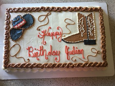 Sheet cake done by Kate Morissette First Rodeo Birthday Sheet Cake, Western Theme Sheet Cake, First Rodeo Sheet Cake, Cowboy Sheet Cake Birthday, Western Sheet Cake Ideas, Rodeo Sheet Cake, Cowgirl Sheet Cake, Cowboy Sheet Cake, Western Sheet Cake