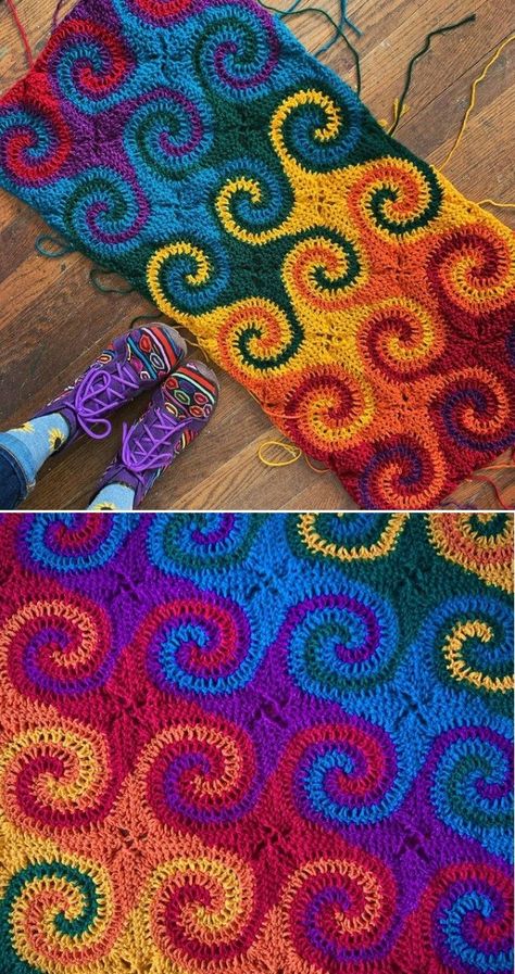 Color Pulling Crochet, Random Yarn Crochet Blanket, Crochet Galaxy Blanket, Trippy Crochet Blanket, Spiral Crochet Blanket, Crochet Swirl Pattern, Cool Crochet Blanket, Freeform Crochet Tutorial, Galaxy Crochet