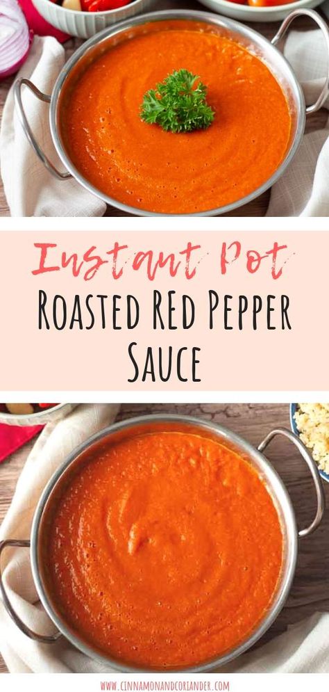 Healthy Vegan Roasted Red Pepper Sauce - this easy vegan sauce is made in the Instant Pot and tastes so good with pasta, on veggies or zucchini noodles! paleo, whole30 approved, vegan and dairy-free #glutenfree #whole30 #vegan #instantpot Bell Peppers Sauce, Roasted Red Pepper Soup Instant Pot, Bell Pepper Sauce Recipe, Dairy Free Roasted Red Pepper Sauce, Roasted Red Bell Pepper Sauce, Red Pepper Pasta Sauce Vegan, Roasted Red Pepper Tofu Pasta, Whole30 Vegan, Vegan Sauce