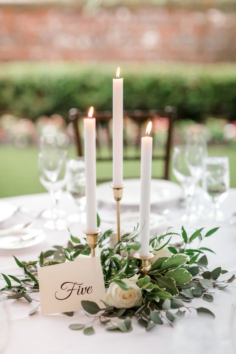 Spring Wedding Centerpiece Ideas, Candleabra Wedding, Round Table Centerpieces Wedding, Taper Candle Centerpiece, Candlestick Centerpiece Wedding, Taper Candles Wedding, Spring Wedding Centerpieces, Greenery Centerpiece, Candle Sticks Wedding