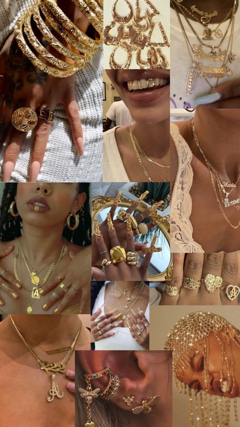 #gold #jewellery #jewels #design #fashion #rings #necklace #bracelets #grills #piercings #art #collage #moodboard #aesthetic #styleinspo #style #clothes Xoxo Jewelry, Collage Moodboard, Dope Jewelry Accessories, Moodboard Aesthetic, Gold Girl, Rings Necklace, Jewelry Accessories Ideas, Dope Jewelry, Girly Accessories