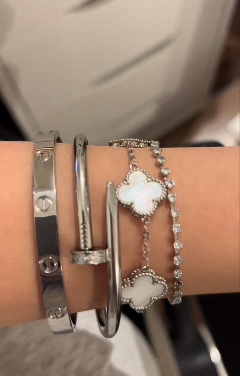 Expensive Silver Jewelry, Silver Luxury Jewelry, Silver Wrist Stack, Jewellery Silver Aesthetic, Silver Jewelry Aesthetic Elegant, Designer Silver Jewelry, Jewelry Silver Aesthetic, Jewelry Aesthetic Silver, Silver Jewelry Stack