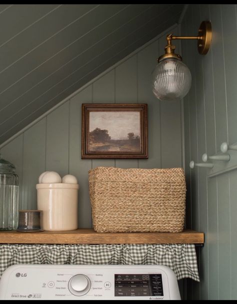 Small Cozy Laundry Room, Moss Green Laundry Room, Victorian Style Laundry Room, Laundry Room Antique Cabinet, Small Cottage Laundry Room, Nancy Meyers Laundry Room, Cozy Laundry Room Ideas, Front Loader Laundry Room, Cottage Laundry Room Ideas