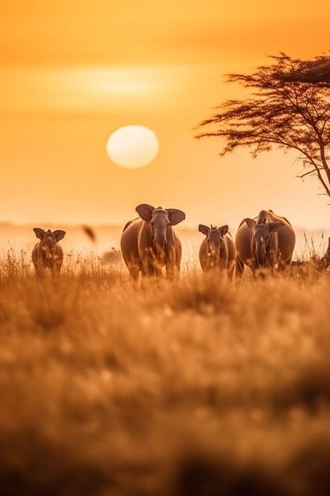 African elephants moving peacefully under a sky colored by the sunrise. Africa Sunrise, African Sunrise, Sunrise Nature, Sun Rise, Painting Inspo, Story Board, Sun Set, Nature Wildlife, African Elephant