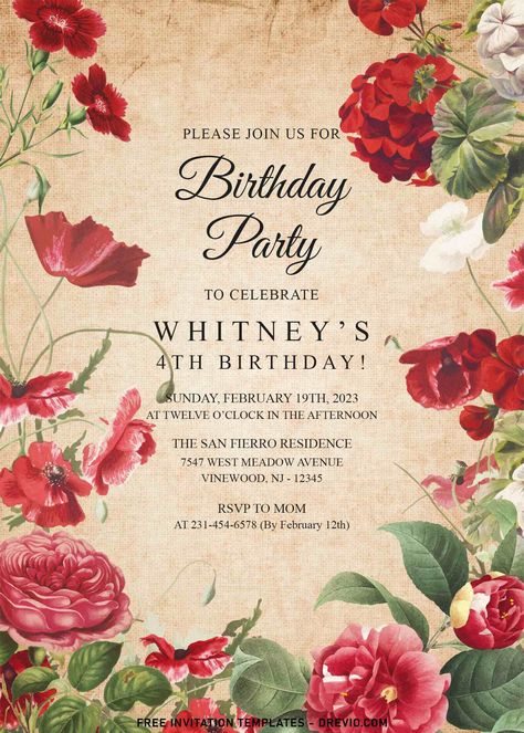 Roses Themed Birthday Party, Birthday Invitations Aesthetic, Grandmas Birthday Party, 22nd Bday, Flower Birthday Invitations, Rose Birthday, Rosé Theme, Rosé Birthday, Flower Graphic Design