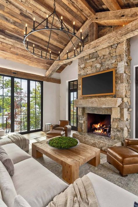 A rustic modern dream home with unforgettable views over Lake Keowee Modern Log Cabin Interior, Lake Keowee South Carolina, Mountain House Interior, Rustic Lake Houses, Stone Fireplace Mantel, House Mediterranean, Log Cabin Interior, Lake Keowee, Floor Plan Layout