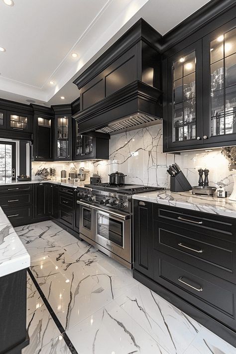 Black Kitchen Interior Design, Kitchen Black And White Ideas, Nice Kitchen Designs, All Grey Kitchen, Grey Floors In Kitchen, House Black Interior, Black Kitchen With White Marble, Navy Kitchen Inspiration, Kitchen Ideas Black And Gold