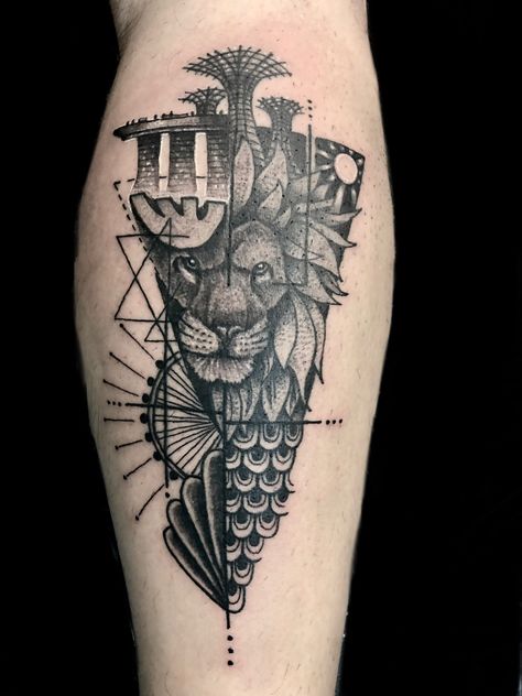 Singapore iconic geometric tattoo done by Jon Koon at Artistic studio hair and tattoo Singapore Merlion Singapore Tattoo, Singapore Tattoo Ideas, Malaysia Tattoo, Singapore Tattoo, Airbrush Tattoo, Studio Tattoo, Aesthetic Tattoo, Tattoo Work, Tattoo Supplies