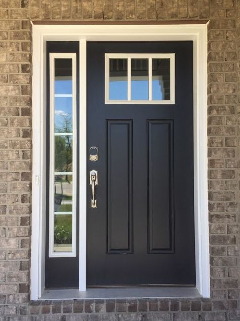 Black Door With White Grids, Door With Side Glass Panel, Front Door With One Side Window, Black And White Front Door, Paint Doors White, Deck Doors, Craftsman Exterior Door, Exterior Doors With Sidelights, Mudroom Addition