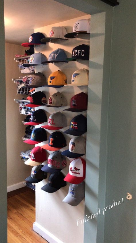 Ball Cap Storage, Print Shop Design, Wall Hat Racks, Diy Hat Rack, Hot Wheels Room, Boy Bedrooms, Hat Shelf, Hat Racks, Wall Hats