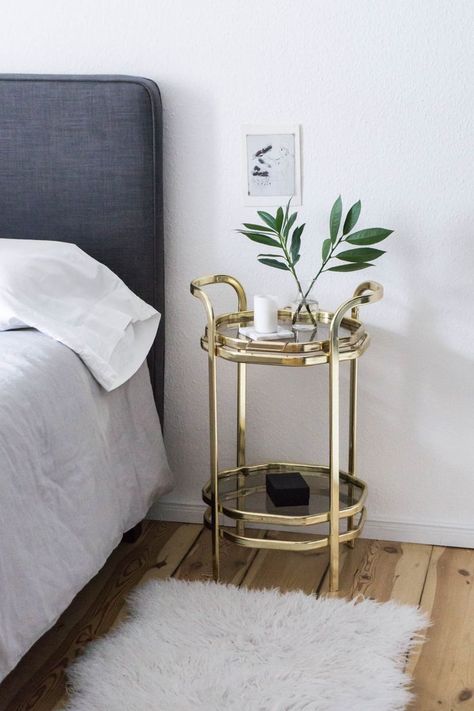 Scandinavian Glam Bedroom / Minimalist Interior, Gold Side Table - RG Daily Blog Gold Bed Side Tables, Gold Room Accents, Gold Bedroom Accents, Gold Accent Bedroom, Bedroom Gold Accents, Bedroom With Gold Accents, Gold Accents Bedroom, Gold Bedside Table, Gold Side Tables