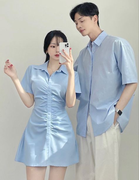 Matching Asian Korean Couple Aesthetic Blue Pastel Outfit Clothes Couple Outfit Ideas Matching Aesthetic, Korean Matching Outfits Couple, Pastel Couple Outfit, Colour Coordinated Outfits Couple, Light Blue Couple Outfits, Blue Ootd Korean, Pastel Blue Outfit Korean, Korean Couple Aesthetic Outfit, Couple Korean Outfit