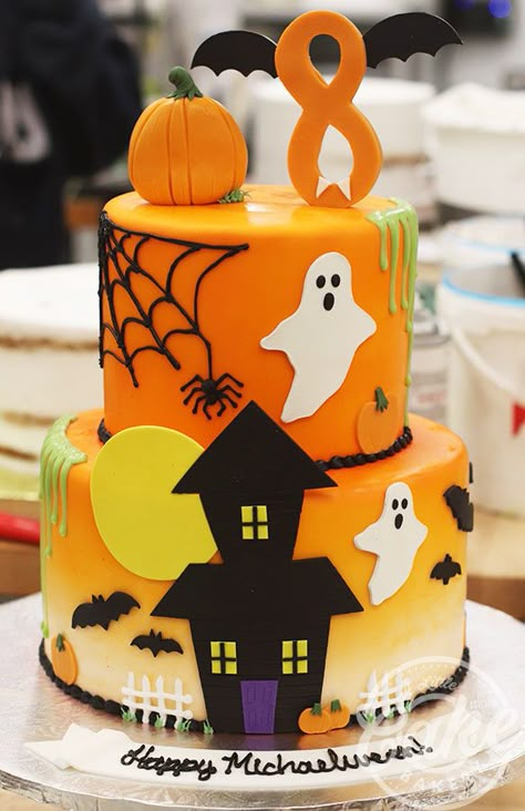 Cute Halloween Themed 8th Birthday Cake Halloween 2nd Birthday Cake, Halloween Theme Cakes Ideas, Birthday Cake Halloween Theme, Kids Halloween Birthday Cake, Halloween Birthday Cakes For Boys, Kids Halloween Cake, Halloween Birthday Party Cake, Halloween Cake Ideas Birthday, Halloween Theme Birthday Cake