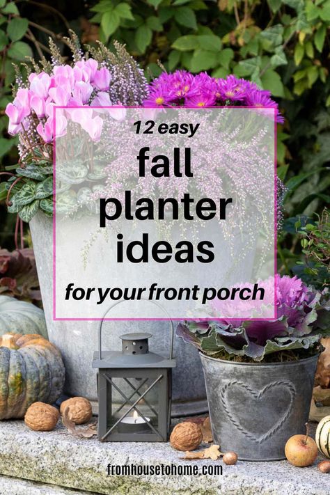 12 Easy Fall Planter Ideas For Your Front Porch | Fall Home Decor Fall Planters Front Porches Shade, Front Door Planters Entrance Flower Pots, Ornamental Cabbage Planter Fall, Fall Pots For Front Porch, Fall Front Porch Flower Pot Ideas, Mum Planters Front Porches, Fall Plants For Pots, Fall Potted Plants Front Porches, Fall Pots Outdoor Planters