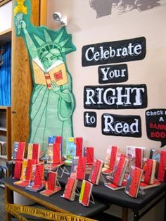 celebrate your right to read Banned Books Week Display, Passive Programming, Library Storytime, School Library Bulletin Boards, Reading Cafe, Books Display, Reading Display, School Library Displays, Teen Library