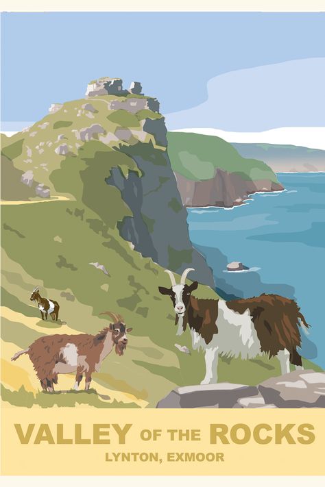 Illustrated poster of the VALLEY OF THE ROCKS near Lynton, north Devon - part of Exmoor. Anyone who knows the area will remember the amazing rock formations, the cliffs, the sea and the wild goats there. #valleyoftherocks #lynton #exmoor #goats #devon #fionahoran #lynmouth #westcountry Illustrated Poster, Lino Prints, Modern Photographers, Railway Posters, Vintage Poster Design, North Devon, West Country, Art Poster Design, Landscape Illustration