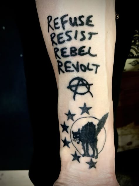 anarchist sabotage cat anarko tattoo refuse resist rebel revolt black star Brainwashed Tattoo, Socialist Tattoo Ideas, Outsider Tattoo Ideas, Punk Tattoo Ideas Grunge, Punk Style Tattoo, Anarchist Tattoo Ideas, Anti Capitalism Tattoo, Anarchism Tattoo, Folk Punk Tattoo