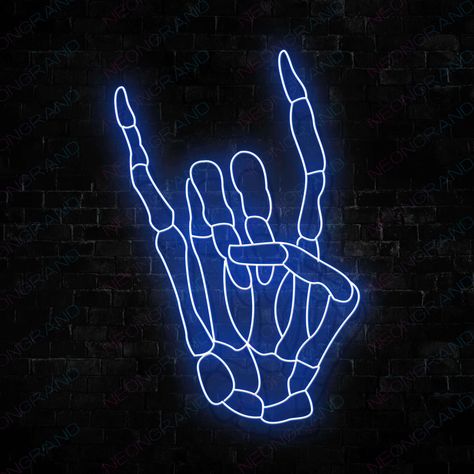 Rock And Roll Sign, Room Decor Man, Blue Skeleton, Art Walls, Minimalism Style, Custom Neon Lights, Man Cave Art, Cave Art, Horror Decor