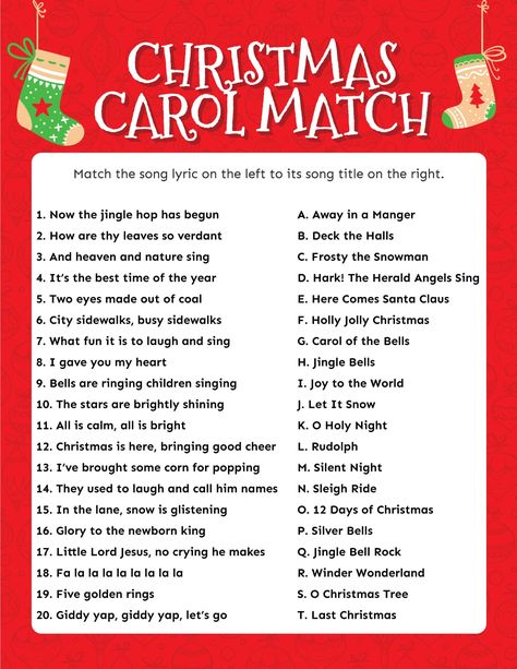 This fun free printable Christmas carol game has players matching popular Christmas song lyrics to the correct song! It's fun for kids to guess the song and for adults to name the correct carol! Finish The Lyrics Christmas Songs, Emoji Christmas Song Game, Christmas Song Games, Christmas Carol Game, Christmas Carols Lyrics, Christmas Songs Lyrics, Gift Games, Christmas Gift Games, Christmas Quiz