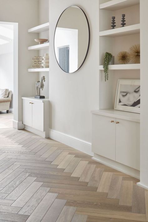 Beautiful Victorian House, Alcove Storage Living Room, Hampton Interior, Modern Victorian Home, Flooring Herringbone, Black Wood Floors, Alcove Storage, Faux Stone Panels, White Wood Floors